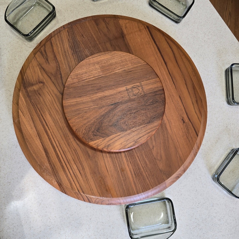 Digsmed Denmark Teak Lazy Susan 8 Smoked Glass Dishes Mid Century Modern - Picture 8 of 13
